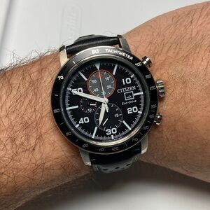 Citizen Eco Drive, B612-S111684, black dial, leather strap, stainless